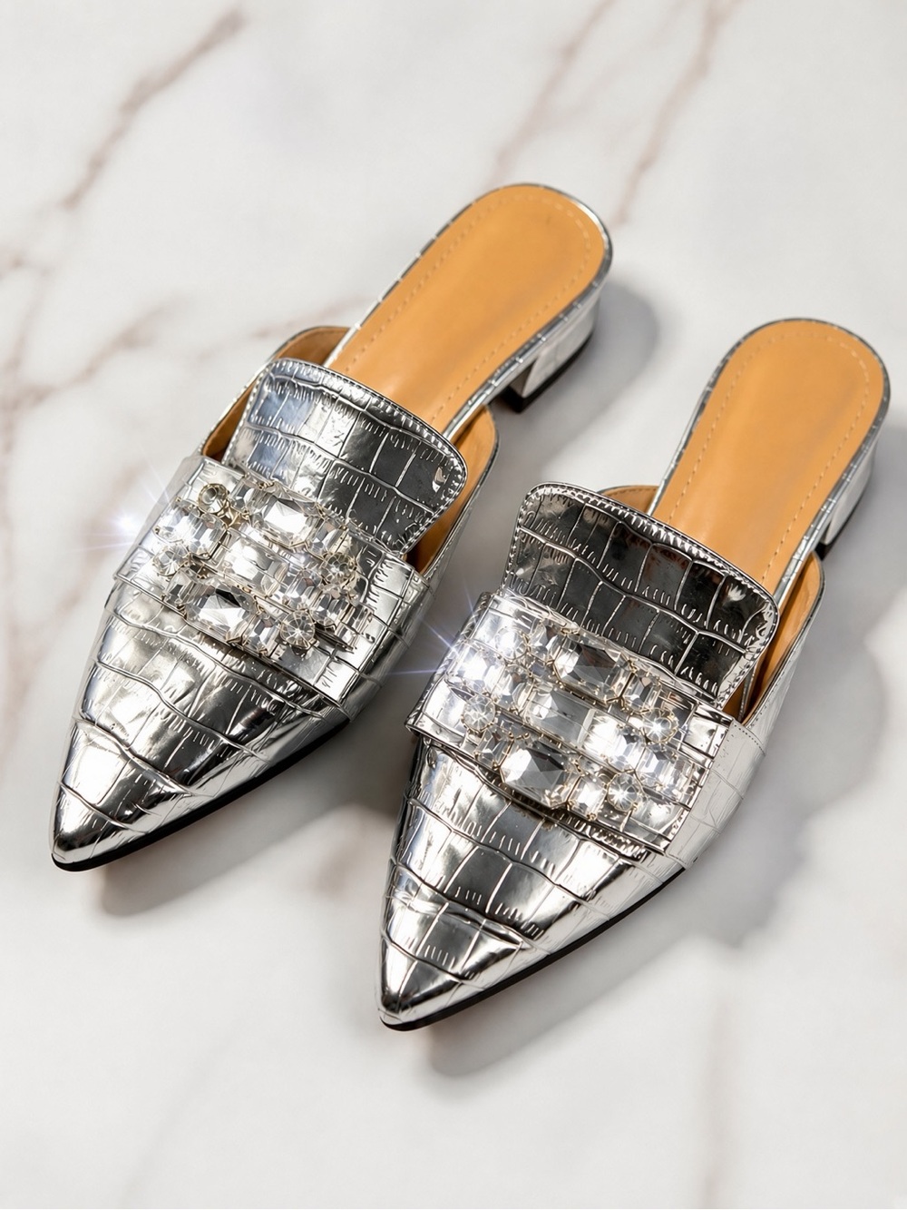 Silver Metallic Croc-Embossed Crystal Mule Shoes – Size 36